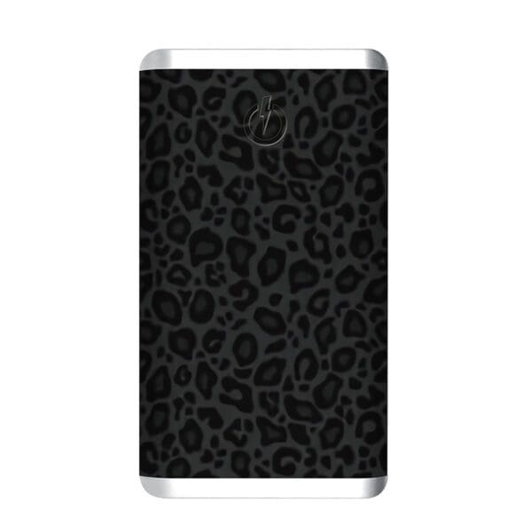 Grey - Leather 5K Wireless Charging Power Bank with a black and grey leather leopard print case and a circular power button in the center.