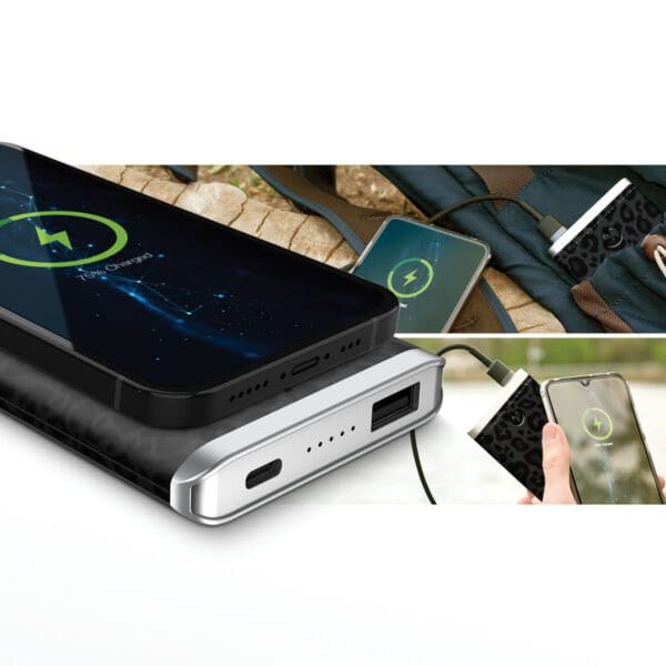 A collage of various devices being charged by a Grey - Leather 5K Wireless Charging Power Bank, showcasing its versatility in charging multiple devices simultaneously.