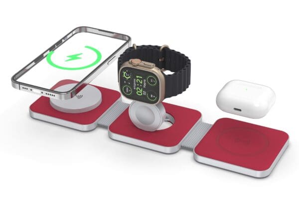 A smartphone, smartwatch, and wireless earbuds charging on a Tri Fold Charging Station with USB C Adapter.
