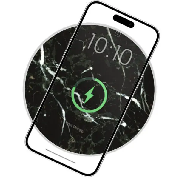 Wireless Charging Marble Pads with a cracked screen displaying the time 10:10 and a battery charging icon on a black marble background.
