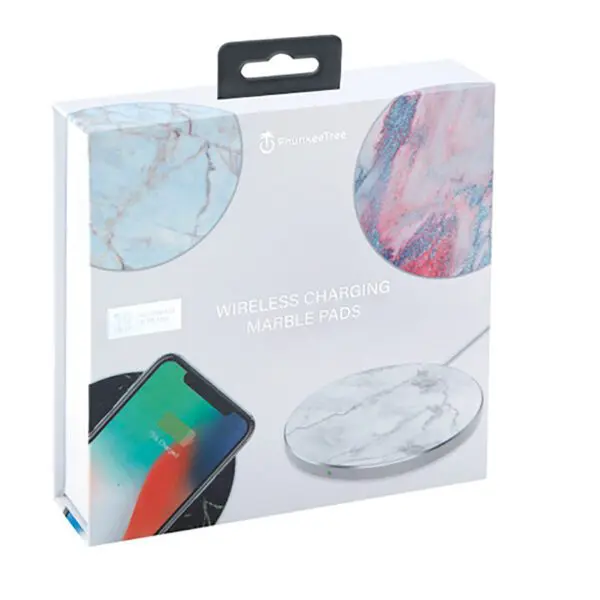 Packaging box for Wireless Charging Marble Pads, displaying the product and a compatible smartphone on the cover.