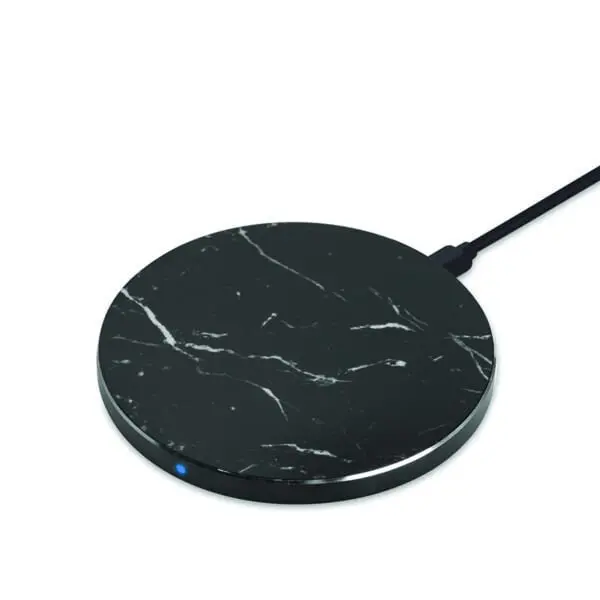 A black Wireless Charging Marble Pad with a plugged-in cable and a blue led indicator light, isolated on a white background.