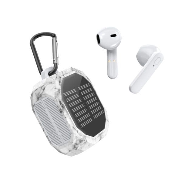 White solar wireless earbuds next to a marble-patterned, solar-powered portable speaker with a carabiner attached, isolated on a white background.