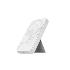 White and gray marble-patterned Design Magnetic Wireless Charging Power Banks with Stand on a white background.