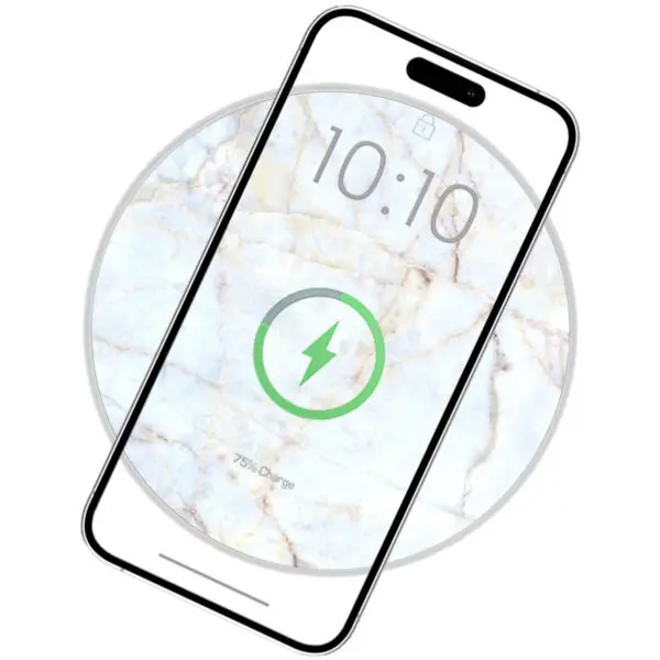 Wireless Charging Marble Pads showing a charging screen overlaying a marble background, indicating a battery charge status at 75%.