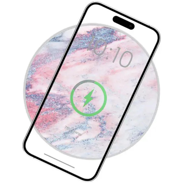 Illustration of a smartphone on a Wireless Charging Marble Pad, displaying a colorful marble-patterned screen with the time 10:10 and a charging icon.