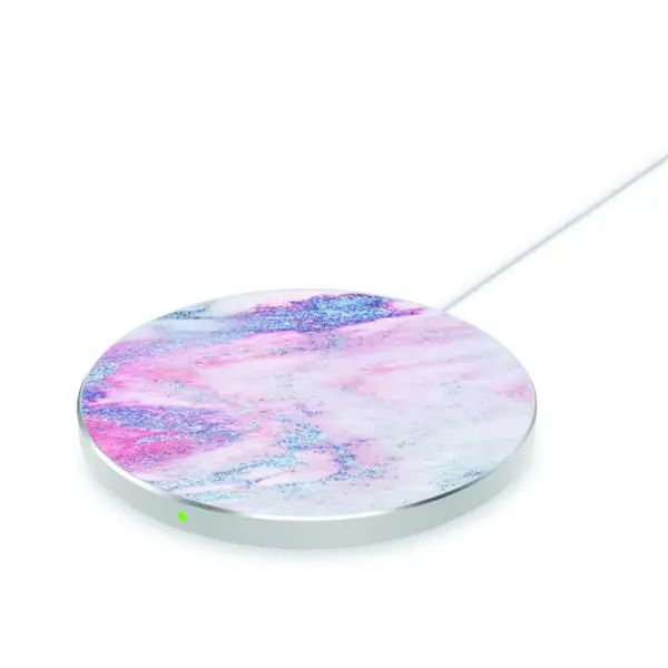 A Wireless Charging Marble Pad with a colorful pastel design, featuring a white cable and a small green indicator light, isolated on a white background.