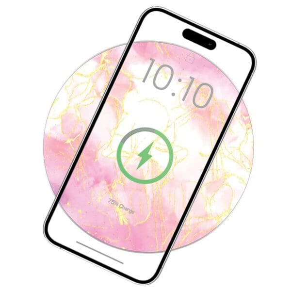 Moonstone - Wireless Charging Marble Pad displaying the time "10:10" on a pink and gold marbled background, overlaying a cd, with a battery charging icon at the center.