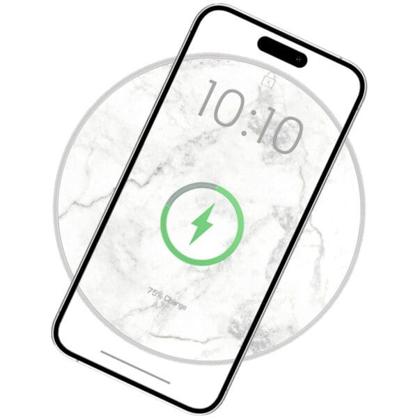 Smartphone on a Wireless Charging Marble Pad displaying the time "10:10" and a charging icon with a green battery symbol.