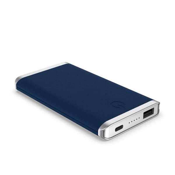 A Grey - Leather 5K Wireless Charging Power Bank with a USB port and charging indicator on the side, isolated on a white background.