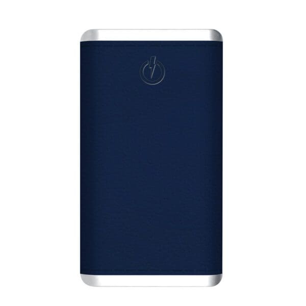 A portable blue Grey - Leather 5K Wireless Charging Power Bank with a grey leather top and bottom, featuring a power button and indicator on the front.