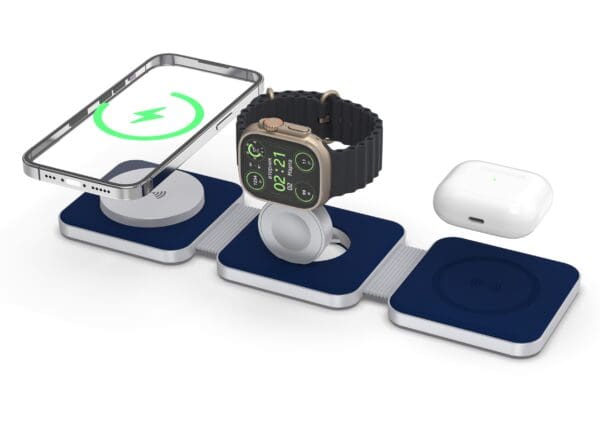 A Tri Fold Charging Station with USB C Adapter, smartwatch, and wireless earbuds charging on a multi-device charging station with a white and blue design.