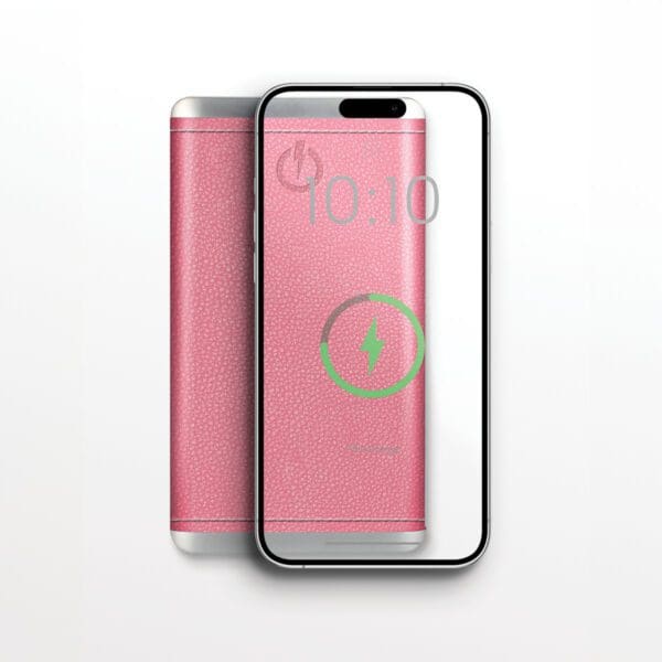Smartphone with a pink charging case displayed on a white background, showing the lock screen with a charging icon and time displayed as 10:10, accompanied by the Grey - Leather 5K Wireless Charging Power Bank.