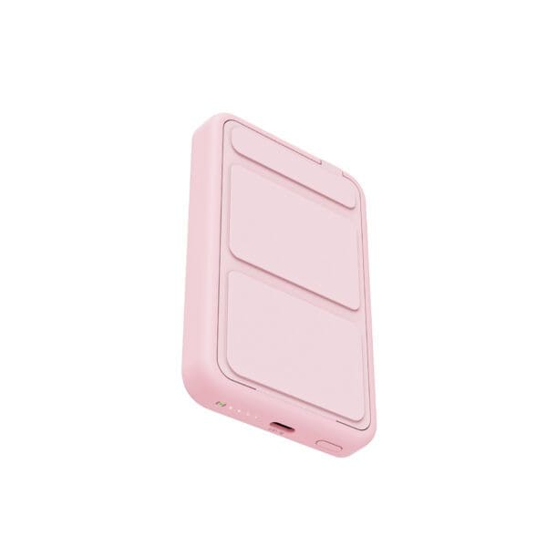 A pink portable led light mirror with a sleek design, floating against a white background.