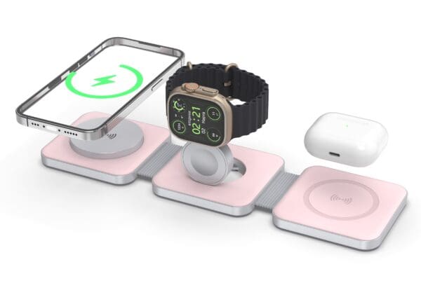 A Tri Fold Charging Station with USB C Adapter, smartwatch, and wireless earbuds charging on a multi-device pink wireless charging pad on a white background.