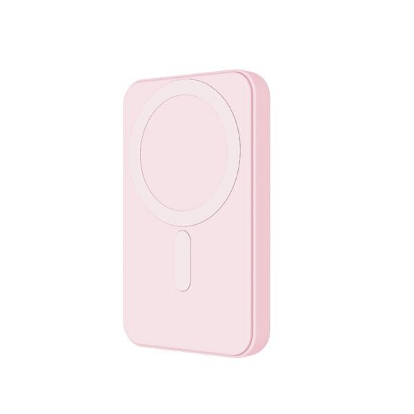 A pink portable battery pack with a built-in wireless charging pad and an led indicator.