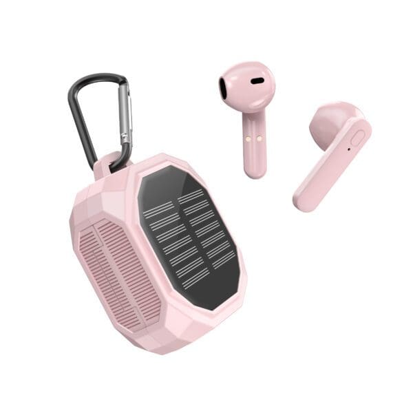 A pink Solar Wireless Earbud set with one earbud out of its case next to a pink solar-powered portable speaker with a carabiner.