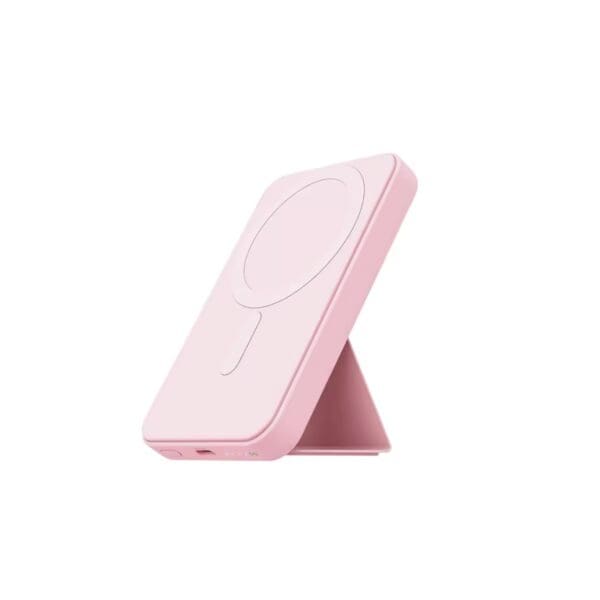 Pink wireless charging stand designed to accommodate a smartphone, shown in an upright position against a plain white background.