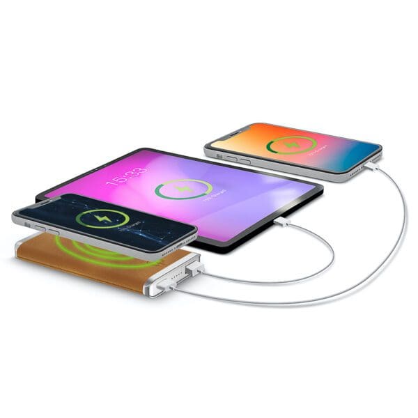 Three devices—a tablet, a smartphone, and a smartwatch—connected to a single Grey - Leather 5K Wireless Charging Power Bank, illustrating wireless charging technology.