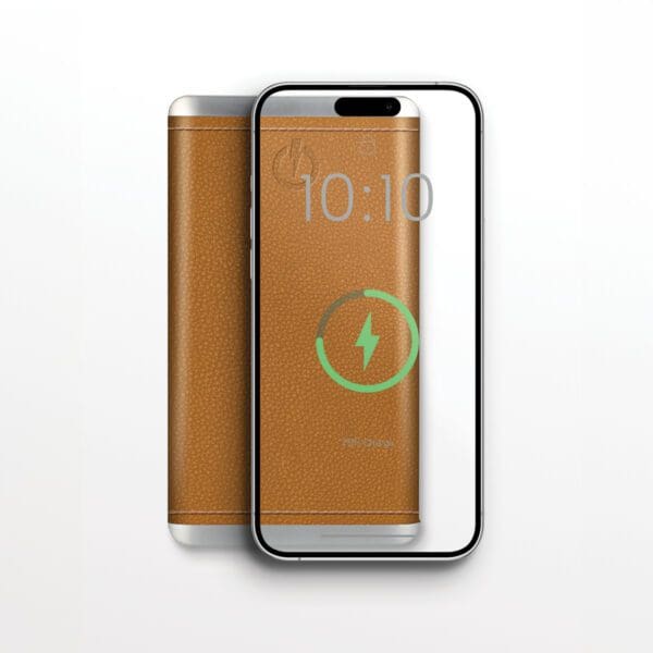 Grey - Leather 5K Wireless Charging Power Bank with a grey leather wraparound case displaying the charging screen on a white background.