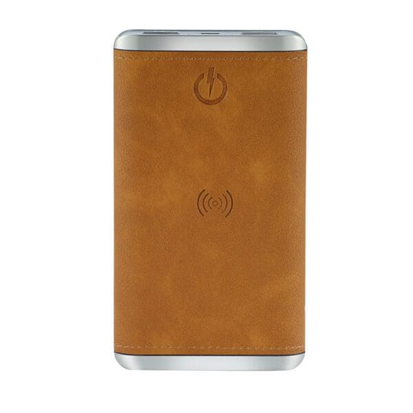 Grey - Leather 5K Wireless Charging Power Bank with a power button and wireless charging symbol on the front.