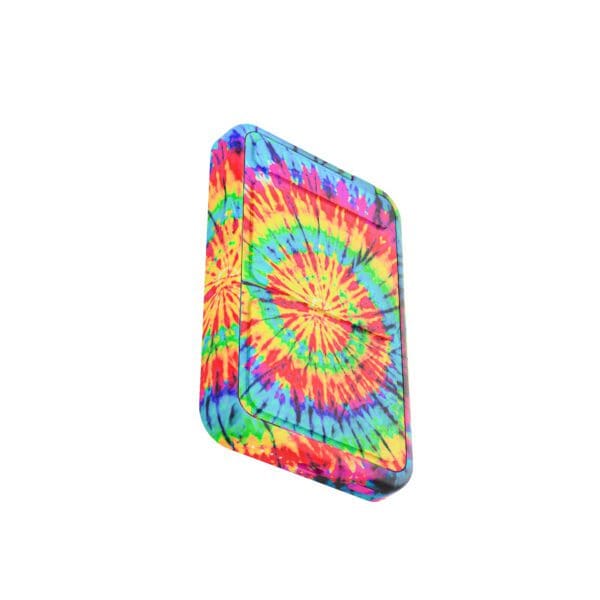 A vibrant tie-dye patterned Design Magnetic Wireless Charging Power Banks with Stand, displayed against a white background.