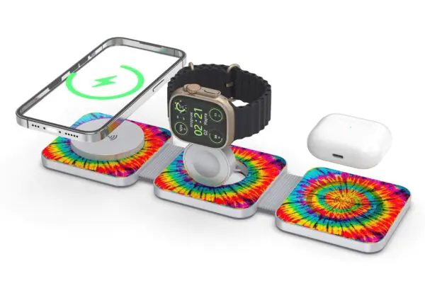 A smartphone, smartwatch, and wireless earbuds charging on the Tri Fold Charging Station with USB C Adapter, isolated on white background.