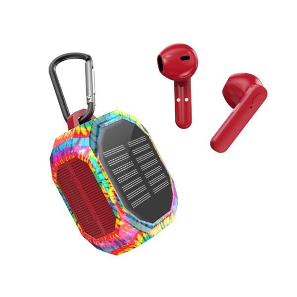 A colorful knitted cover on a Solar Wireless Earbuds with a carabiner, beside red wireless earbuds, isolated on a white background.