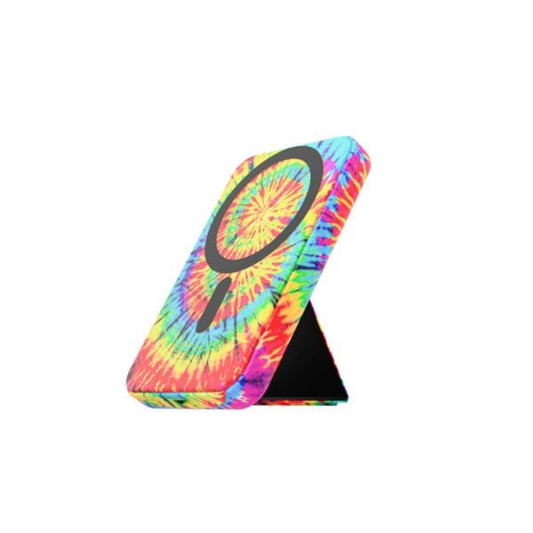Colorful tie-dye patterned Design Magnetic Wireless Charging Power Banks with Stand with a peace symbol magnifying glass design on a white background.