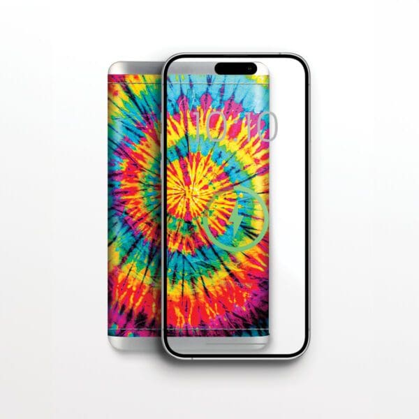 Grey - Leather 5K Wireless Charging Power Bank with a grey leather wallpaper displayed on the screen, featuring a spectrum of bright colors radiating from the center.