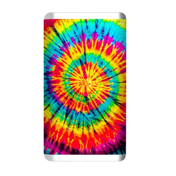 A brightly colored tie-dye pattern with a radiant burst of yellow, blue, red, and green on a Grey - Leather 5K Wireless Charging Power Bank.