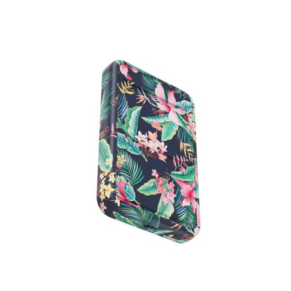 A design magnetic wireless charging power bank with stand featuring a colorful tropical floral and leaf pattern on a white background.