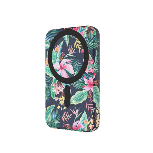 Patterned, floral Design Magnetic Wireless Charging Power Banks with Stand with a built-in magnifying glass on one side.