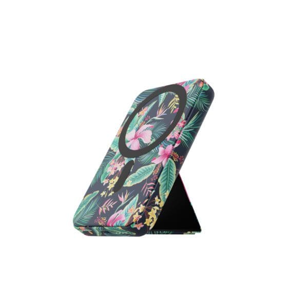 Design Magnetic Wireless Charging Power Banks with Stand with a tropical floral pattern in pink, green, and black, featuring an adjustable viewing angle, isolated on a white background.
