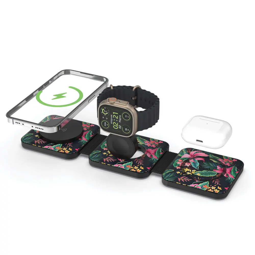 A Tri Fold Charging Station with USB C Adapter, smartwatch, and earbuds charging on floral-patterned wireless chargers for multi-device charging, isolated on a white background.