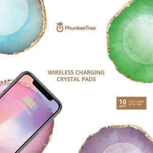 An advertisement for Phunkeetree Wireless Charging Crystal Pads featuring a phone on a pad, surrounded by illustrated colorful crystal discs. Text highlights "10W fast charge.