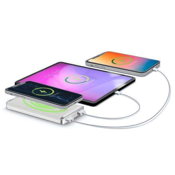 Three Grey - Leather 5K Wireless Charging Power Banks charging wirelessly on a sleek grey leather pad, each displaying a colorful charging icon on the screen.