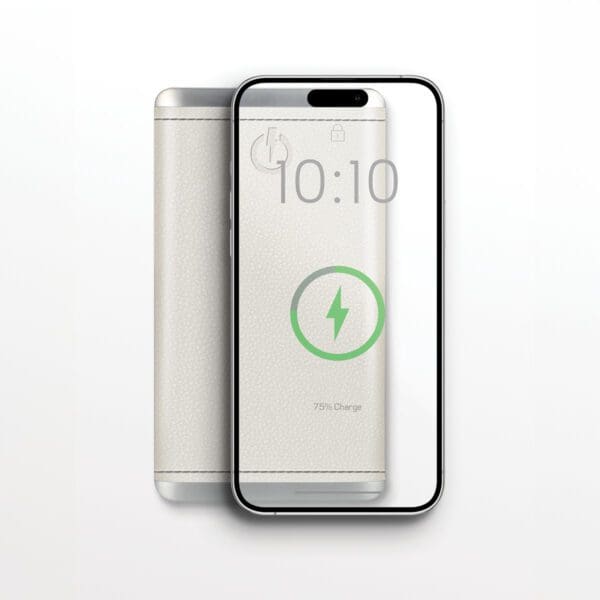 A smartphone charging on a Grey - Leather 5K Wireless Charging Power Bank, displaying a 75% charge status on its screen.