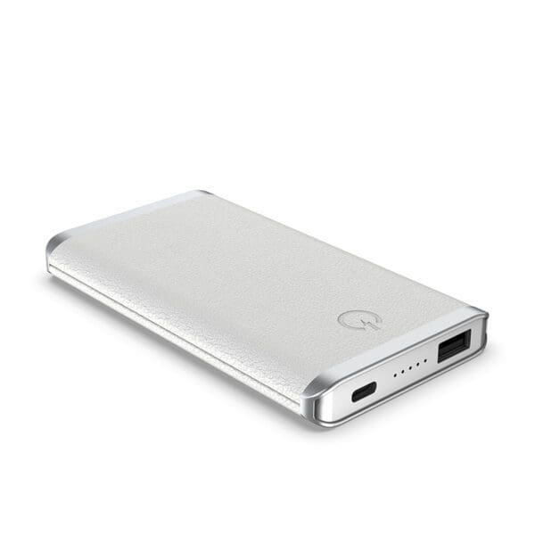 Grey - Leather 5K Wireless Charging Power Bank with a USB port and charging indicator on a white background.