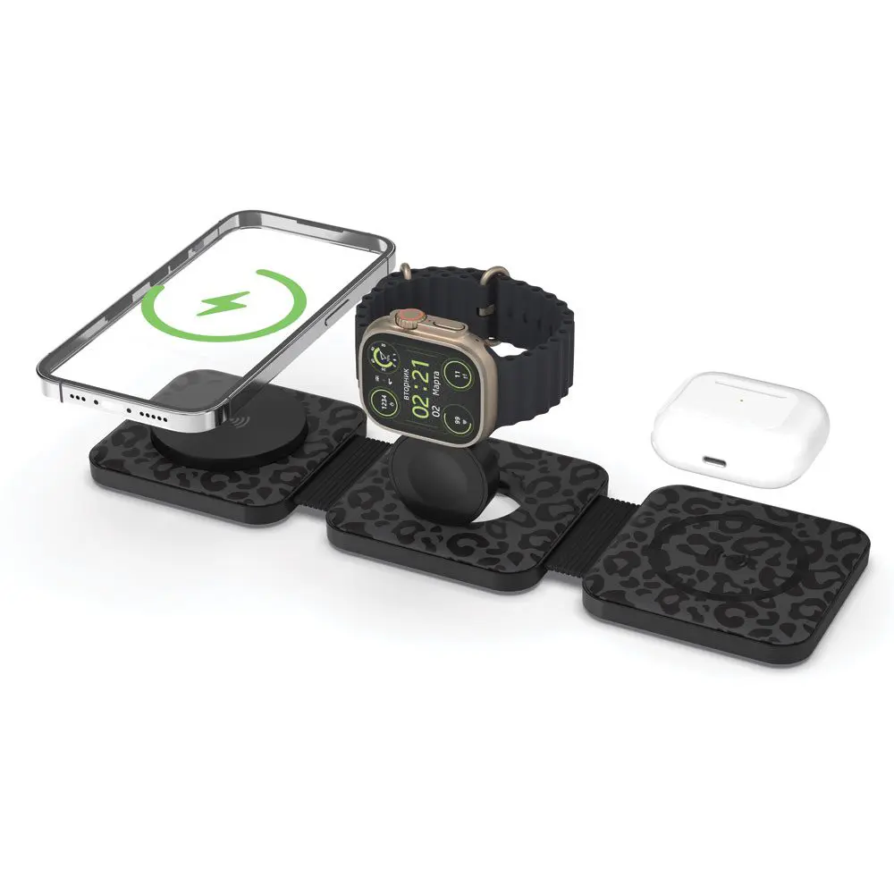 A Black Leopard - Tri Fold Charging Station with USB C Adapter with a smartphone, smartwatch, and wireless earbuds on a white background.
