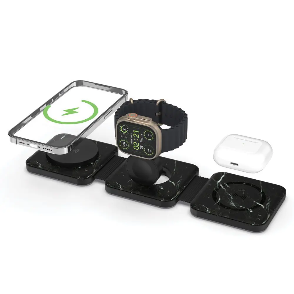 A Black - Tri Fold Charging Station with USB C Adapter with smartphone, smartwatch, and earbuds, featuring two additional cracked stations.