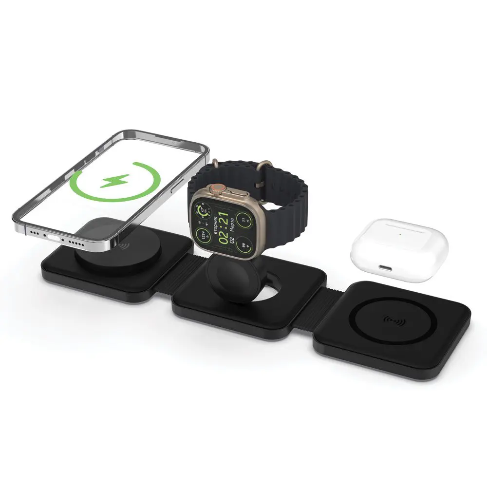 A Black - Tri Fold Charging Station with USB C Adapter with a smartphone, smartwatch, and earbuds on a white background.