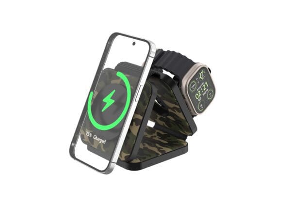 A smartphone and a smartwatch with a Camo - Tri Fold Charging Station with USB C Adapter charging on a multi-device charger, isolated on a white background.
