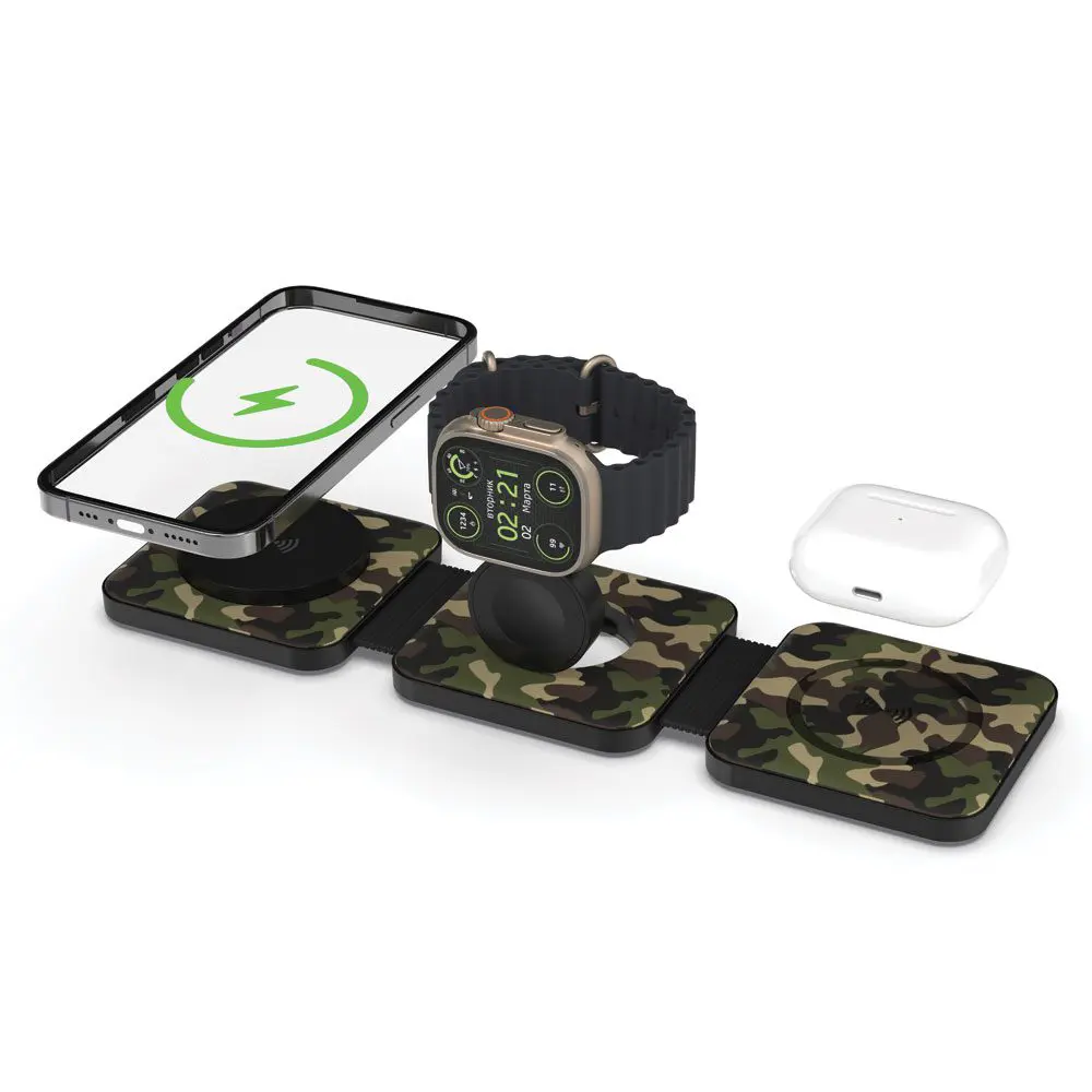 A Black - Tri Fold Charging Station with USB C Adapter with a camouflage-patterned design, accommodating a smartphone, smartwatch, wireless earbuds case, and another device simultaneously.