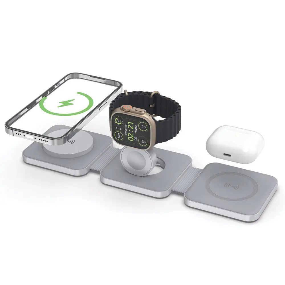 A Black - Tri Fold Charging Station with USB C Adapter with a smartphone, smartwatch, and wireless earbuds on a white background.