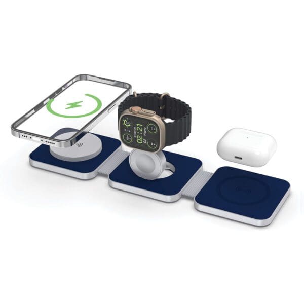 A Black - Tri Fold Charging Station with USB C Adapter, smartwatch, and wireless earbuds charging on a multi-device charging pad.