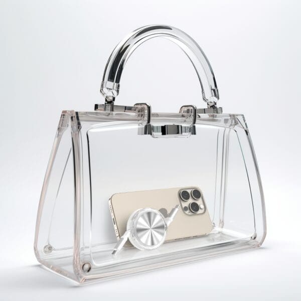 Clear handbag with a phone inside.