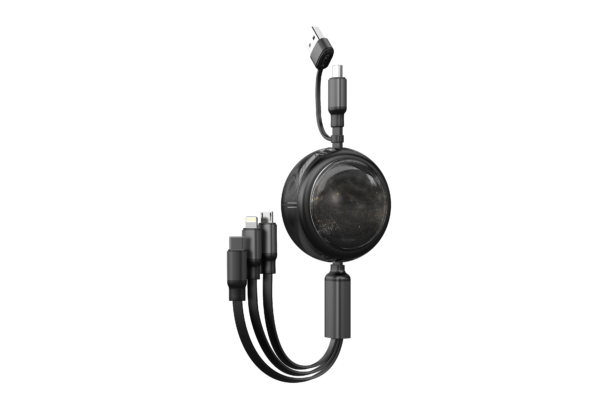 Black retractable charging cable with multiple heads.