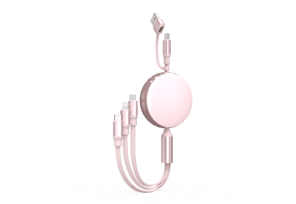 Pink retractable charging cable with multiple heads.