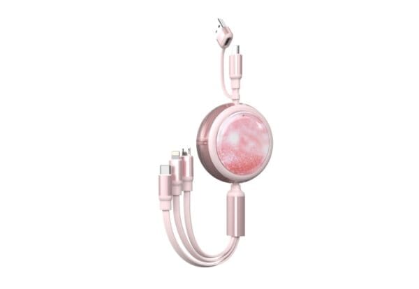 Pink 3-in-1 charging cable with glitter design.